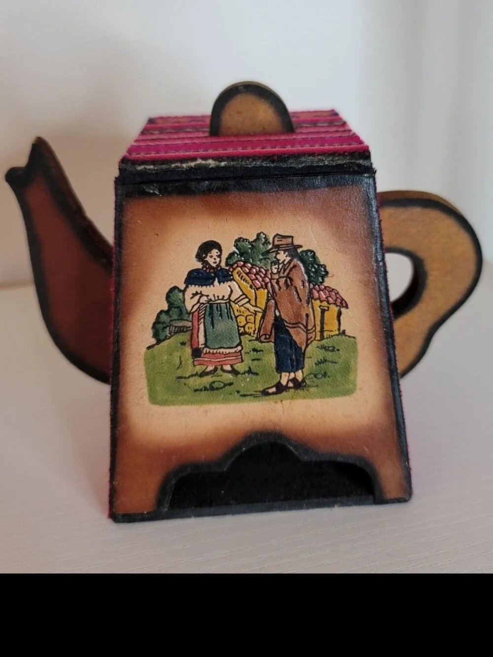 Vintage Ecuador Wood Teapot Tea Bag Ring Holder Cottagecore Latin Americana